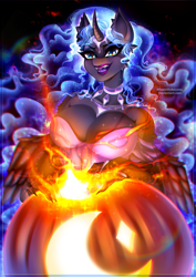 Size: 2893x4092 | Tagged: safe, artist:minamikoboyasy, imported from derpibooru, nightmare moon, alicorn, anthro, breasts, choker, clothes, ethereal mane, evil, evil grin, fangs, flowing hair, flowing mane, glowing, grin, halloween, holiday, horn, jewelry, nightmare night, open mouth, pumpkin, smiling, solo, wings