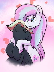 Size: 1361x1801 | Tagged: safe, artist:single purpose, imported from derpibooru, oc, oc:dyn, oc:treading step, pegasus, pony, colored wings, couple, duo, duo male, eyes closed, gay, heart, holding hooves, hug, leaning back, love, male, multicolored hair, multicolored mane, multicolored wings, snuggling, wings