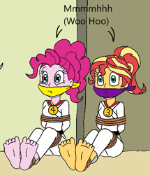 Size: 477x554 | Tagged: safe, artist:bugssonicx, imported from derpibooru, pinkie pie, sunset shimmer, human, equestria girls, bondage, bound and gagged, cloth gag, gag, humanized, karate, muffled words, taekwondo