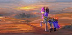 Size: 4817x2343 | Tagged: safe, artist:yasu, imported from derpibooru, oc, oc:quick draw, earth pony, pony, boots, clothes, cowboy, cowboy boots, cowboy hat, desert, gun, hat, hill, poncho, road, scenery, shoes, solo, sunset, town, village, weapon
