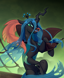 Size: 1596x1959 | Tagged: safe, artist:kanika-png, imported from derpibooru, queen chrysalis, changeling, changeling queen, celaeno's airship, collaboration, fangs, female, hat, long tongue, looking at you, open mouth, pirate hat, ship, solo, tongue out