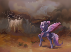 Size: 6465x4778 | Tagged: safe, artist:yasu, imported from derpibooru, oc, oc only, pegasus, pony, cloud, commission, confident, dark, desert, desert storm, sand, scar, scenery, smiling, solo, storm