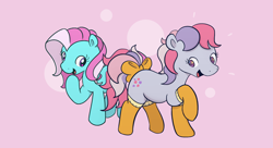 Size: 4144x2262 | Tagged: safe, artist:algoatall, minty, sweet stuff, earth pony, pony, twinkle eyed pony, bow, clothes, duo, female, g1, g3, generation leap, mare, open mouth, raised hoof, simple background, smiling, socks, tail bow