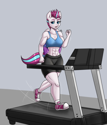 Size: 1700x2000 | Tagged: safe, artist:zachc, imported from derpibooru, zipp storm, anthro, pegasus, abs, clothes, commission, converse, female, g5, muscles, muscular female, open mouth, ripped zipp, running, shoes, shorts, solo, tanktop, treadmill