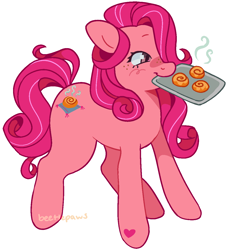 Size: 1141x1247 | Tagged: safe, artist:beetlepaws, imported from derpibooru, cinnamon breeze, pony, brown eyes, cinnamon bun, dessert, eyes open, food, g3, hoof heart, mouth hold, pink, pink hair, pink mane, pink tail, simple background, solo, tail, transparent background, underhoof