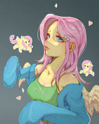 Size: 2400x3000 | Tagged: safe, artist:rainbowsherbs, imported from derpibooru, fluttershy, human, pegasus, pony, butterfly hairpin, female, heart, high res, human ponidox, humanized, mare, micro, pony coloring, self paradox, self ponidox, tiny, tiny ponies, winged humanization, wings