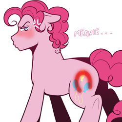 Size: 1200x1200 | Tagged: safe, artist:princeofrecycling, imported from derpibooru, pinkie pie, earth pony, pony, blushing, bubble berry, cross-popping veins, emanata, floppy ears, hoofprint, implied spanking, looking at you, looking back, looking back at you, male, rule 63, simple background, solo, stallion, white background