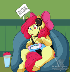 Size: 1464x1500 | Tagged: safe, artist:blueberrysnow, imported from derpibooru, apple bloom, earth pony, pony, beanbag chair, bow, choker, clothes, controller, dexterous hooves, dialogue, female, filly, foal, gamer, gaming, gaming headset, hair bow, headphones, headset, heterochromia, post-transformation, sitting, solo, speech bubble, tongue out, underhoof