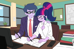 Size: 4200x2800 | Tagged: safe, artist:lirudraw, imported from derpibooru, microchips, sci-twi, twilight sparkle, human, equestria girls, book, breasts, busty twilight sparkle, cleavage, clothes, computer, digital art, duo, female, glasses, grin, hand on shoulder, male, microlight, necktie, notebook, office, office lady, pen, shipping, smiling, straight, suit