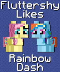 Size: 1080x1300 | Tagged: safe, artist:silk-rose, imported from derpibooru, fluttershy, rainbow dash, blushing, drop shadow, female, flutterdash, lesbian, patterned background, pixel art, shipping, text, upscaled