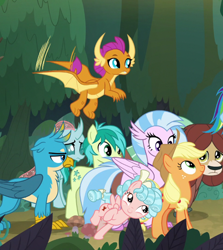 Size: 534x600 | Tagged: safe, edit, edited screencap, imported from derpibooru, screencap, applejack, cozy glow, gallus, ocellus, sandbar, silverstream, smolder, yona, earth pony, pegasus, pony, non-compete clause, a better ending for cozy, cozy edit, forest, student seven