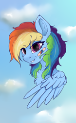Size: 500x800 | Tagged: safe, artist:uberponya, imported from derpibooru, rainbow dash, pegasus, pony, bandaid, bust, cloud, eyebrows visible through hair, female, looking at you, mare, sky, solo, wings
