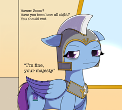 Size: 2000x1800 | Tagged: safe, artist:stormy hooves, derpibooru exclusive, imported from derpibooru, pegasus, pony, armor, bags under eyes, dialogue, female, g5, guardsmare, helmet, implied queen haven, mare, morning, pegasus royal guard, royal guard, sky, solo, text, tired, window, zoom zephyrwing