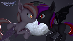 Size: 3840x2160 | Tagged: safe, artist:melodiousmarci, imported from derpibooru, oc, oc:alum orchid, oc:strawberry gleam, bat pony, 3d, fangs, female, flying, high res, looking at each other, looking at someone, moon, night, nose to nose, nose wrinkle, oc x oc, shipping, source filmmaker, stars