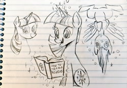 Size: 1024x717 | Tagged: safe, artist:mellodillo, imported from derpibooru, rainbow dash, twilight sparkle, pegasus, pony, unicorn, book, duo, female, grayscale, lined paper, mare, monochrome, open mouth, open smile, reading, smiling, swirly eyes, tail, tail pull, traditional art, unicorn twilight, upside down