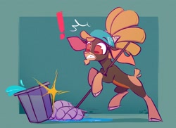 Size: 2200x1600 | Tagged: safe, artist:scribble-potato, imported from derpibooru, shanty (tfh), goat, them's fightin' herds, bucket, community related, exclamation point, female, mop, oops, shocked, solo, water