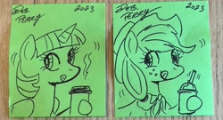 Size: 2387x1292 | Tagged: safe, artist:debmervin, imported from derpibooru, applejack, twilight sparkle, alicorn, sticky note, tongue out, traditional art, twilight sparkle (alicorn)