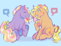 Size: 2048x1553 | Tagged: safe, artist:poniesart, imported from derpibooru, butterscotch (g1), triple treat, earth pony, pony, blue background, candy, duo, food, g1, heart, ice cream, lollipop, simple background