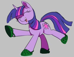 Size: 914x712 | Tagged: safe, artist:thebatfang, imported from derpibooru, twilight sparkle, pony, unicorn, crocs, cute, dancing, do the sparkle, eyes closed, female, gray background, mare, open mouth, open smile, simple background, smiling, solo, twiabetes, twilight crockle, unicorn twilight