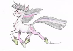 Size: 2448x1728 | Tagged: safe, artist:maxiima, imported from derpibooru, twilight sparkle, pony, unicorn, chest fluff, crocs, eyes closed, female, mare, prancing, simple background, smiling, solo, tail, twilight crockle, unicorn twilight, white background, windswept mane, windswept tail