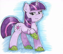 Size: 1568x1360 | Tagged: safe, artist:taurson, imported from derpibooru, twilight sparkle, pony, unicorn, :3, crocs, female, looking at you, mare, smiling, smiling at you, solo, traditional art, twilight crockle, unicorn twilight