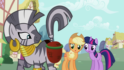 Size: 1920x1080 | Tagged: safe, imported from derpibooru, screencap, applejack, twilight sparkle, zecora, earth pony, pony, unicorn, zebra, season 2, the cutie pox, applejack's hat, bag, cowboy hat, ear piercing, earring, female, hat, house, jewelry, mare, not what it looks like, out of context, piercing, ponyville, raised tail, saddle bag, tail, trio, unicorn twilight