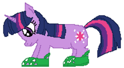 Size: 975x535 | Tagged: safe, artist:saturnpone, imported from derpibooru, twilight sparkle, pony, unicorn, crocs, looking down, pixel art, simple background, solo, twilight crockle, unicorn twilight, white background