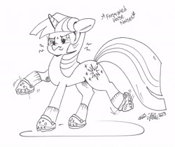 Size: 2539x2129 | Tagged: safe, artist:therealakineko, imported from derpibooru, twilight sparkle, pony, unicorn, clothes, crocs, descriptive noise, female, frown, grayscale, mare, monochrome, simple background, socks, solo, standing on two hooves, traditional art, twilight crockle, unicorn twilight, white background