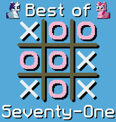 Size: 1300x1360 | Tagged: safe, artist:silk-rose, imported from derpibooru, pinkie pie, rarity, blue background, cover, cover art, drop shadow, pixel art, simple background, text, tic tac toe, upscaled