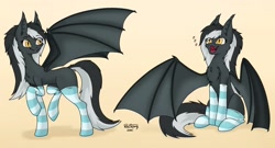 Size: 2400x1300 | Tagged: safe, alternate version, artist:zackwhitefang, imported from derpibooru, oc, oc only, bat pony, pony, bat pony oc, bat wings, clothes, commission, cute, cute little fangs, eeee, fangs, female, hooves, mare, open mouth, simple background, sitting, socks, solo, spread wings, striped socks, tail, wings