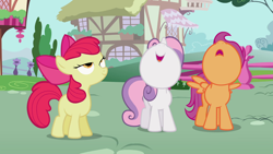 Size: 1920x1080 | Tagged: safe, imported from derpibooru, screencap, apple bloom, scootaloo, sweetie belle, earth pony, pegasus, pony, unicorn, season 2, the cutie pox, apple bloom's bow, bow, bush, cutie mark crusaders, female, filly, foal, hair bow, half-closed eyes, house, lidded eyes, looking up, nose in the air, ponyville, tree, trio