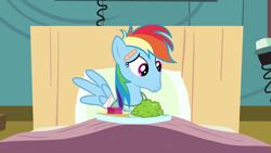 Size: 1920x1080 | Tagged: safe, imported from derpibooru, screencap, rainbow dash, pegasus, pony, read it and weep, season 2, bandage, bed, blanket, broken wing, clothes, faic, female, food, hospital, hospital bed, hospital gown, hospital room, jello, mare, plate, ponyville hospital, rainbow dash is best facemaker, solo, why the long face, wings