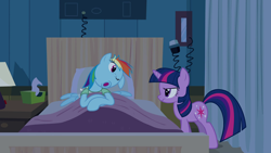 Size: 1920x1080 | Tagged: safe, imported from derpibooru, screencap, rainbow dash, twilight sparkle, pegasus, pony, unicorn, read it and weep, season 2, bed, clothes, duo, faic, female, hospital, hospital bed, hospital gown, hospital room, mare, one eye closed, one eye open, ponyville hospital, rainbow dash is best facemaker, unicorn twilight