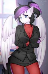 Size: 1801x2759 | Tagged: safe, artist:nath, imported from derpibooru, oc, oc:cuteholly, anthro, pegasus, big breasts, breasts, crossed arms, female, helltaker, ponytail, solo, wings