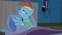 Size: 1920x1080 | Tagged: safe, imported from derpibooru, screencap, rainbow dash, pegasus, pony, read it and weep, season 2, bed, clothes, female, hospital, hospital bed, hospital gown, hospital room, lidded eyes, mare, not what it looks like, out of context, ponyville hospital, solo