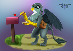 Size: 2047x1447 | Tagged: safe, artist:mik3thestrange, imported from derpibooru, gabby, griffon, bag, beak, eyelashes, feathered wings, female, hair tie, leonine tail, mail, mailbag, mailbox, majestic, solo, spread wings, standing, tail, wings