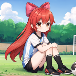 Size: 2448x2448 | Tagged: safe, imported from derpibooru, apple bloom, human, adorabloom, ai assisted, ai content, ai generated, argentina, blushing, clothes, cute, football, generator:stable diffusion, grass, grass field, humanized, looking at you, shorts, sitting, smiling, smiling at you, soccer goalpost, soccer shoes, socks, solo, sports