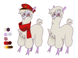 Size: 2048x1536 | Tagged: safe, artist:nonameorous, imported from derpibooru, oc, oc only, oc:nonameorous, alpaca, them's fightin' herds, clothes, cloven hooves, community related, glasses, hat, looking at you, scarf, simple background, smiling, solo, standing, white background