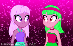 Size: 1915x1220 | Tagged: safe, artist:rainbowstarcolour262, imported from derpibooru, oc, oc only, oc:zina pearl, human, equestria girls, bare shoulders, clothes, dress, duo, duo female, ear piercing, earring, eyeshadow, female, gradient background, headband, jewelry, makeup, necklace, pearl necklace, piercing, purple eyes, red eyes, signature, sleeveless, sleeveless dress, strapless, strapless dress