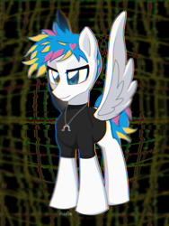 Size: 768x1024 | Tagged: safe, artist:inkp0ne, imported from derpibooru, pegasus, pony, awsten knight, clothes, commission, dyed mane, dyed tail, heterochromia, horseshoes, jewelry, male, necklace, ponified, shirt, smiling, solo, spread wings, stallion, standing, t-shirt, tail, waterparks, wings