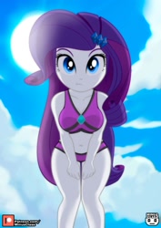 Size: 1413x2000 | Tagged: safe, artist:minusclass, imported from derpibooru, rarity, human, equestria girls, belly button, bikini, bikini bottom, bikini top, breasts, cleavage, clothes, cloud, cute, diamond, female, hairclip, legs, looking at you, midriff, outdoors, raribetes, sky, solo, solo female, sun, swimsuit