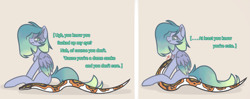 Size: 7217x2859 | Tagged: safe, artist:polish_pigeon, imported from derpibooru, oc, pegasus, python, snake, comic, female, grimace, long mane, long tail, mare, monologue, simple background, smiling, tail, talking