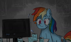 Size: 1270x764 | Tagged: safe, artist:verai, imported from derpibooru, rainbow dash, pegasus, baja blast, computer, monitor, pc, solo, tired