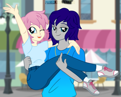 Size: 1000x805 | Tagged: safe, artist:jennieoo, imported from derpibooru, oc, oc:gentle star, oc:maverick, equestria girls, bff, clothes, happy, holding, jewelry, looking at you, necklace, shoes, short hair, show accurate, smiling, smiling at you, sneakers, vector