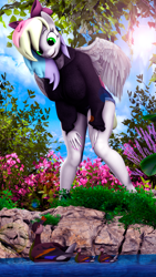 Size: 2160x3840 | Tagged: safe, artist:shadowuwu, imported from derpibooru, oc, oc only, oc:blazey sketch, anthro, bird, duck, pegasus, 3d, clothes, commission, excited, green eyes, grey fur, hoodie, multicolored hair, pegasus oc, pink nail polish, shorts, wings, ych result