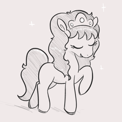 Size: 1835x1839 | Tagged: safe, artist:algoatall, earth pony, pony, crown, eyes closed, female, filly, ico the brave little horse, jewelry, monochrome, preciosa, regalia, smiling, solo, sparkles, walking