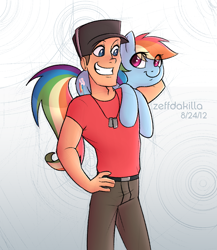 Size: 2000x2300 | Tagged: safe, artist:zeffdakilla, imported from derpibooru, rainbow dash, human, pegasus, pony, abstract background, crossover, female, hand on hip, happy, holding a pony, looking at each other, looking at someone, male, on shoulder, scout, smiling, standing, team fortress 2