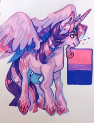 Size: 1558x2048 | Tagged: safe, artist:poniesart, imported from derpibooru, twilight sparkle, alicorn, pony, bi twi, bisexual, bisexual pride flag, bisexuality, pride, pride flag, solo, traditional art, twilight sparkle (alicorn)