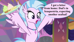 Size: 1280x720 | Tagged: safe, edit, edited screencap, imported from derpibooru, screencap, silverstream, she's all yak, chips, cupcake, cute, diastreamies, excited, food, furry reminder, implied male pregnancy, implied oc, implied sky beak, jewelry, necklace, potato chips, school of friendship, seahorse reproduction, speech, speech bubble, talking