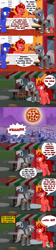 Size: 1024x4586 | Tagged: safe, artist:jasperpie, imported from derpibooru, oc, oc:cerin, oc:jasper pie, oc:michael, oc:night mist, comic:when the moon is a pie, fez, fountain, hat, joke shop, moon, pie's pizzeria, ponyville, statue, town hall, uh oh, water, waterfall, windmill